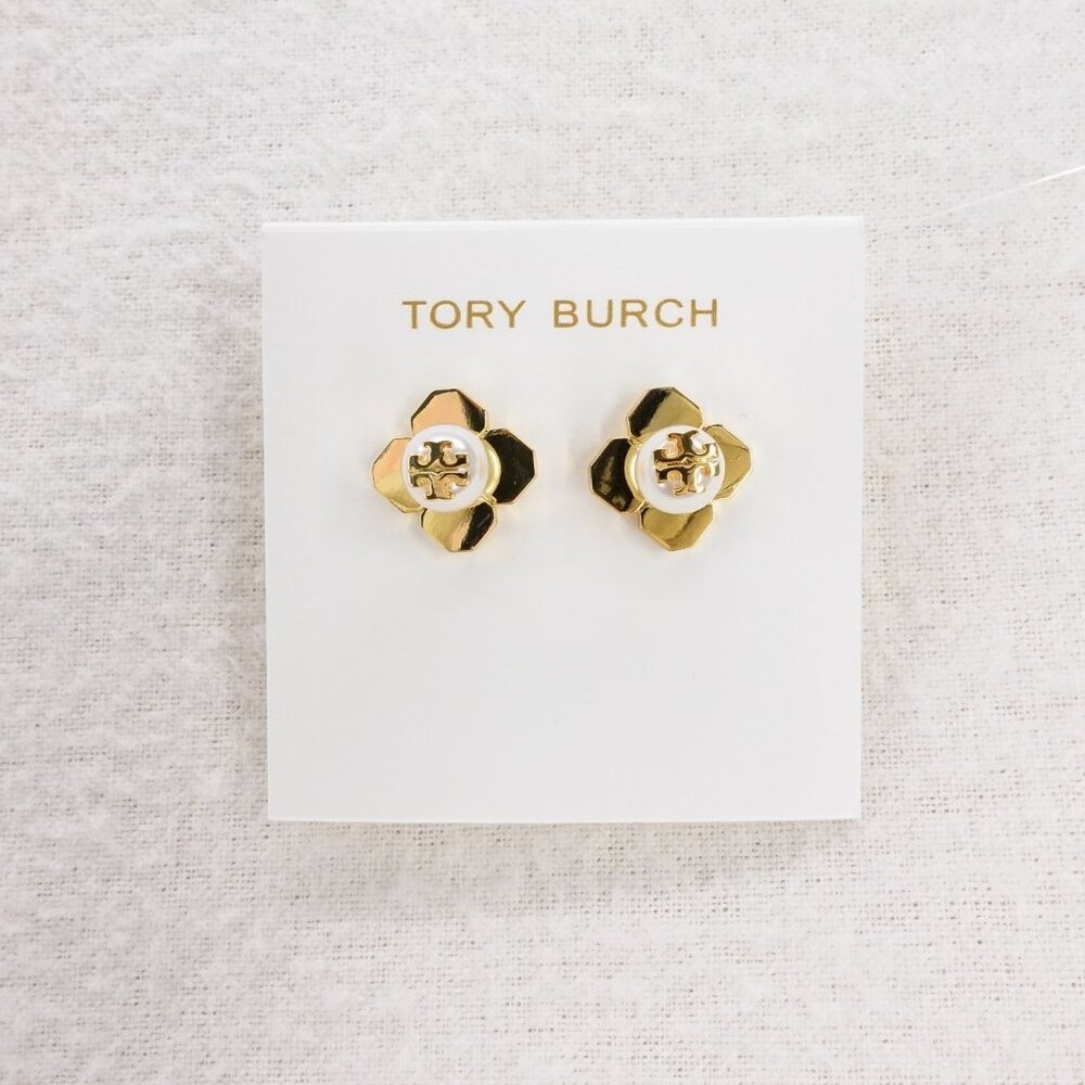 Tory Burch Babylon Logo Pearl Stud Earrings Gold OS